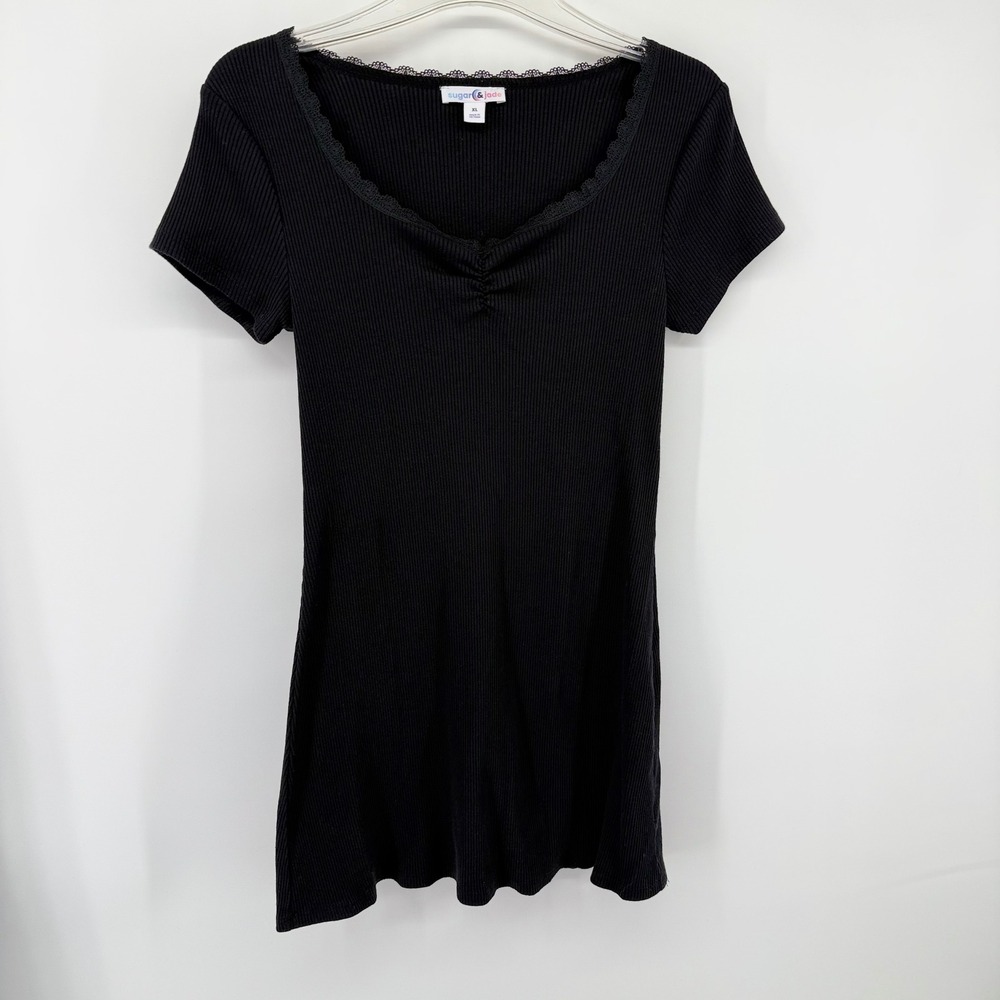 Y2K Sugar & Jade Womens XL Black Ribbed Lace Trim V-Neck Short Sleeve Mini Dress